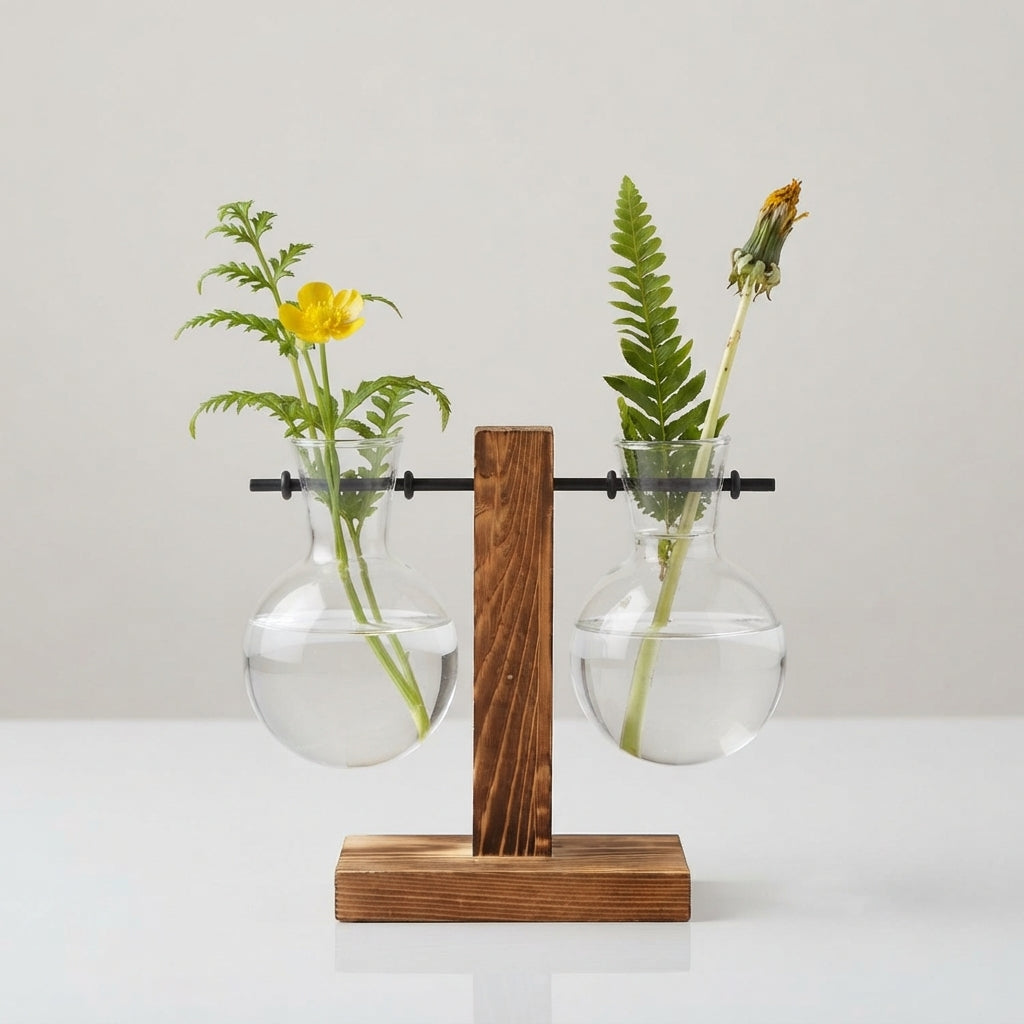 Double Glass Beaker Vase Wooden Propagation Station