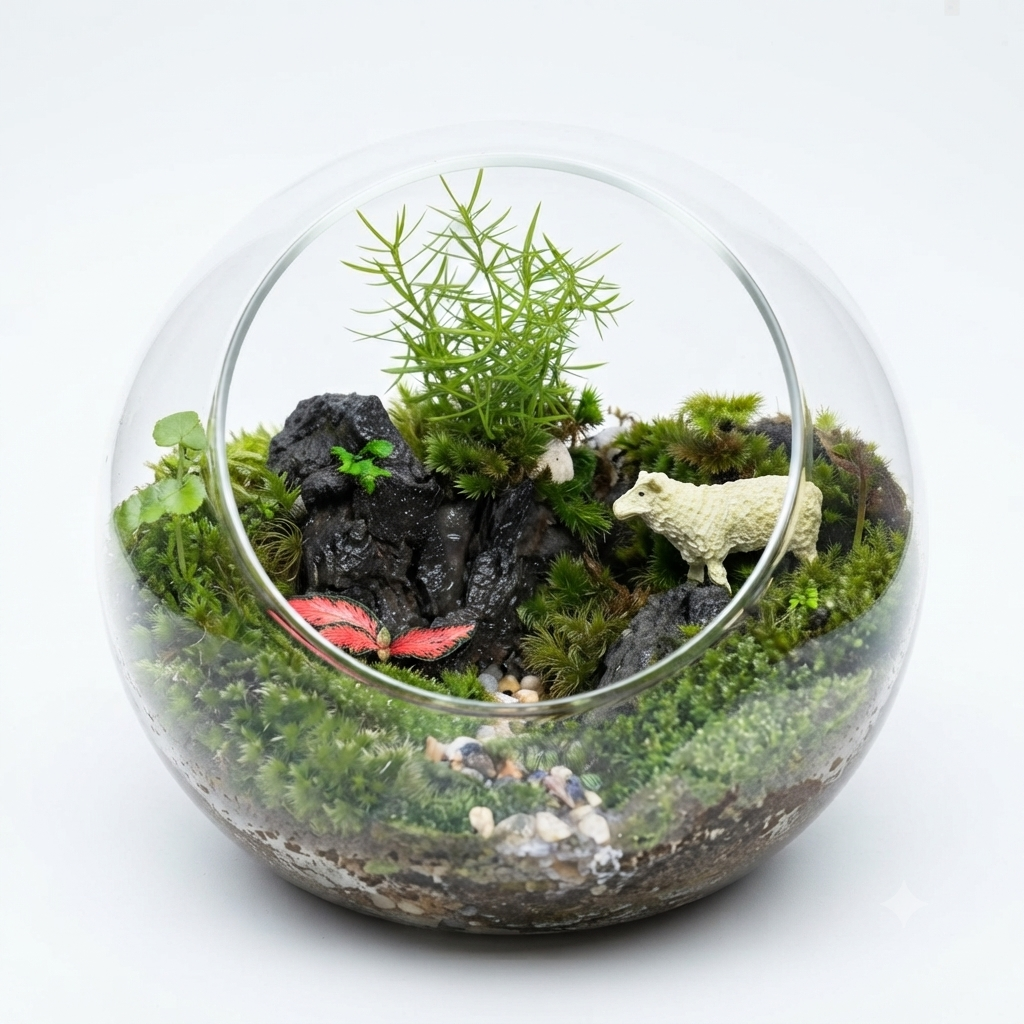 Handmade Glass Globe Moss Terrarium with Miniature Sheep
