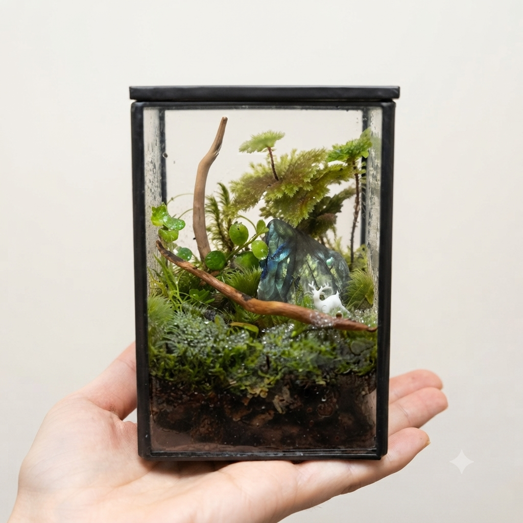 Palm-Sized Opening Moss Terrarium – Crystal Forest