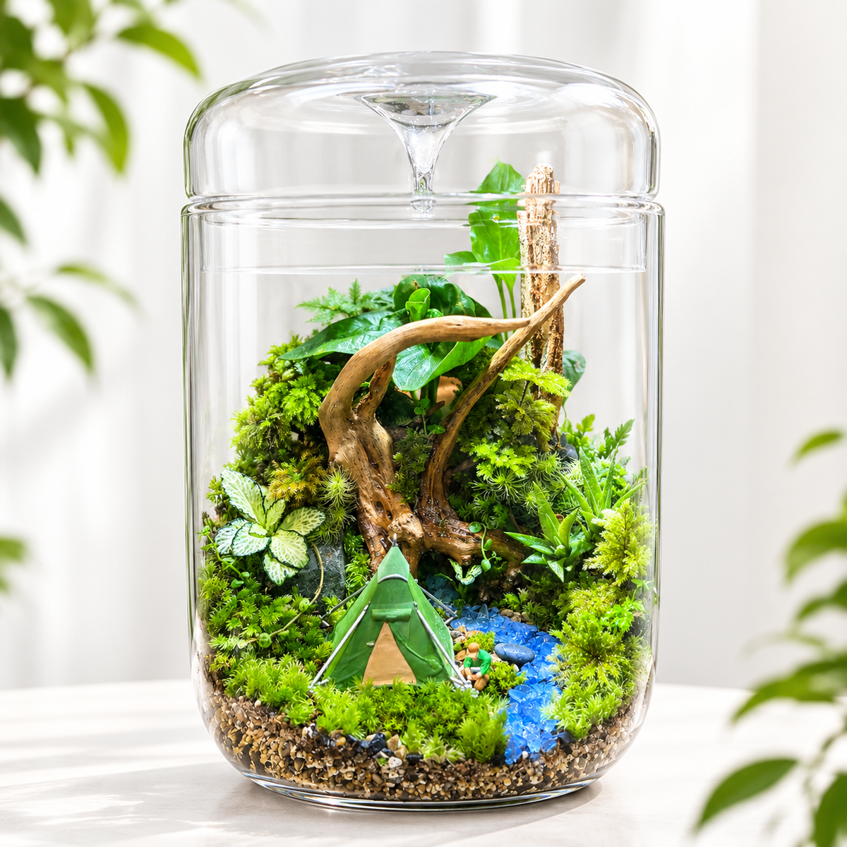 Forest Camping Moss Terrarium with Light – Handmade Living Miniature Garden