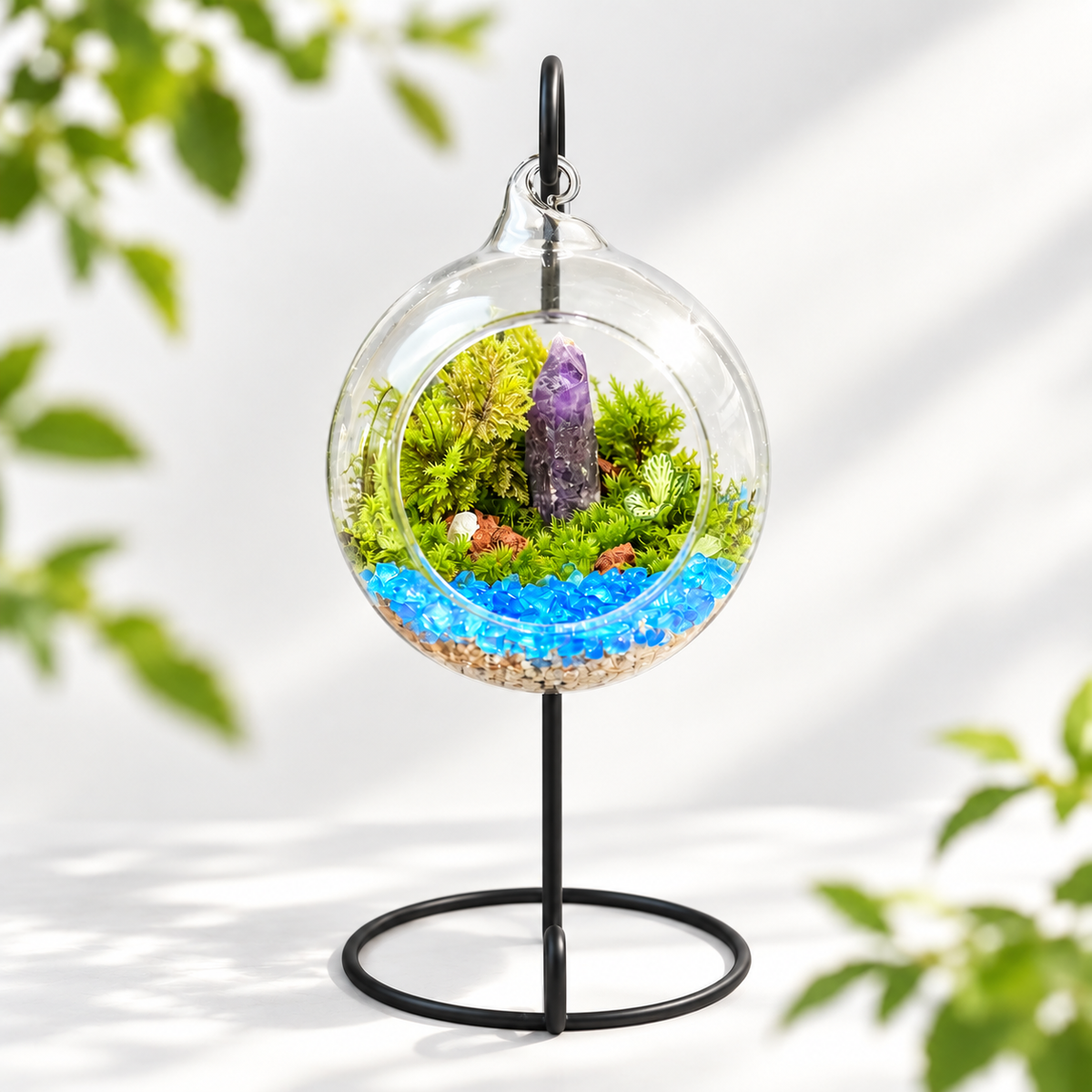Amethyst Crystal Moss Terrarium – Handmade Living Miniature Garden