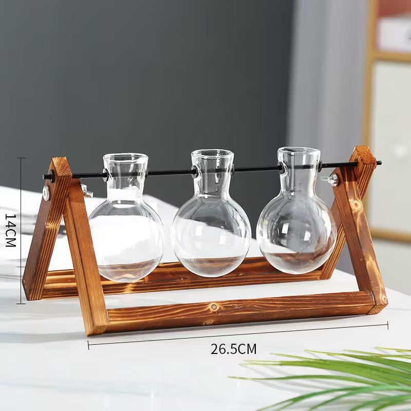 Three Glass Beaker Vase Wooden Propagation Station